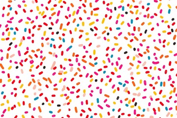 Colorful sprinkles dance joyfully across a white canvas, creating a playful and vibrant atmosphere for celebrations and sweet treats