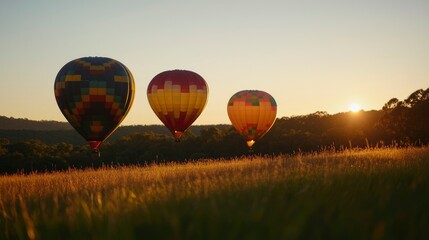 Fototapeta premium Hot air balloons over golden field at sunrise