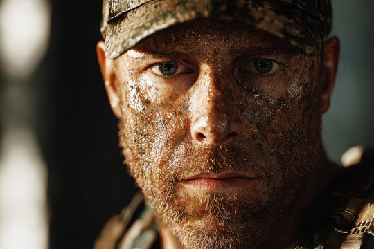 Intense portrait of a mud-covered soldier, his determined gaze and camouflage hat reflecting the harsh realities of war and unwavering resilience in the face of adversity.
