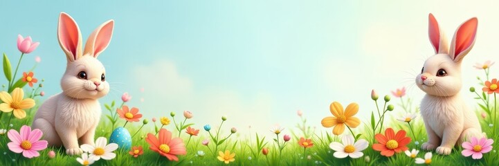 Obraz premium Cheerful Easter bunnies in blooming meadow Seamless spring pattern , pastel, surface