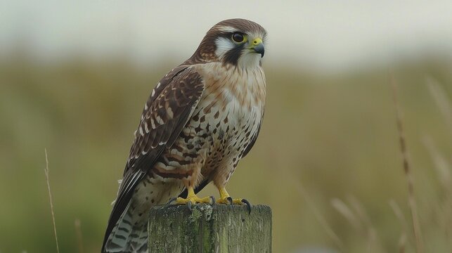 A stunning New Zealand falcon perches on a rustic wooden post, showcasing its sharp gaze and beautiful plumage.