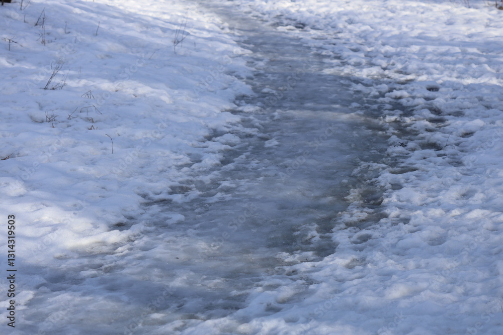 Poster A stream runs through a snowy field with winter scenery, suitable for use in winter-themed presentations and designs.