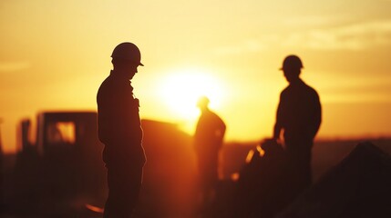 Fototapeta premium Engineer and construction team at work, silhouetted against a warm sunset, embodying teamwork and progress in industrial settings