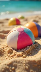 Obraz premium Close-up of beach balls partially buried in soft sand , spring break, colorful balls, beach