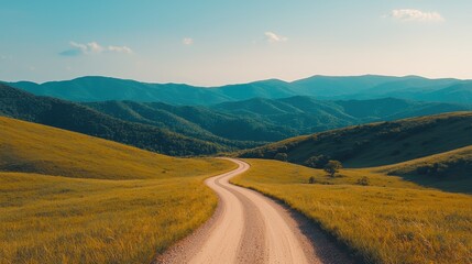 Serene Curving Dirt Road Through Lush Green Hills Under Clear Blue Sky