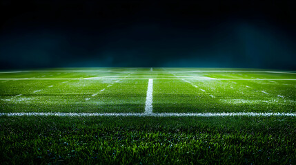 Obraz premium Illuminated Empty Football Field With Bright Green Grass And White Lines At Night