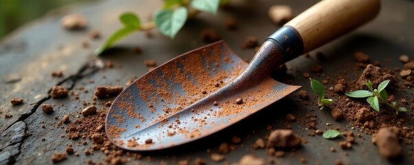 Close-up of rusty trowel & hand rake, worn wood handle , landscape, rake, outdoor