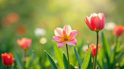Obraz premium Beautiful spring banner, red and green, bright tulips, blurred background, spring mood 2026