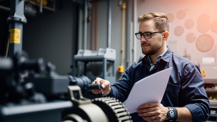 Focused Male Engineer Operating Industrial Machinery and Reviewing Documents