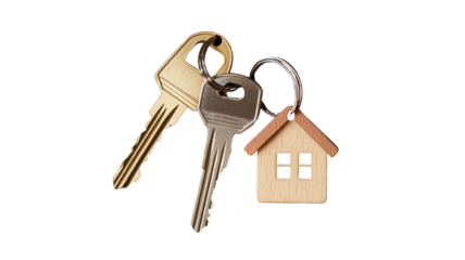 House keys with a small, detailed house-shaped keychain hanging from the keyring, isolated on a transparent background."
