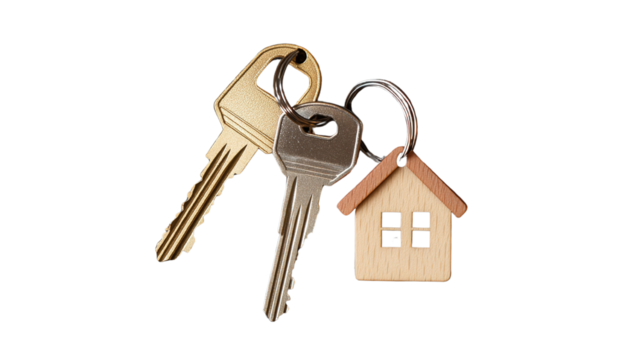 House keys with a small, detailed house-shaped keychain hanging from the keyring, isolated on a transparent background."
