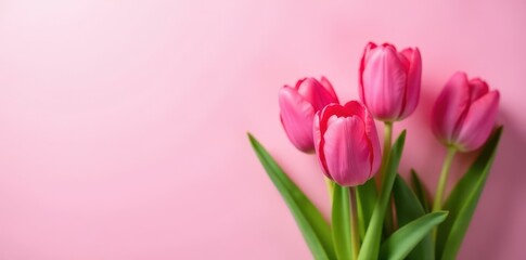 Fototapeta premium Close-up, vibrant pink tulip bouquet Pastel pink backdrop , flowers, valentines