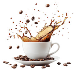 Coffee splash with coffee beans isolated on transparent background.