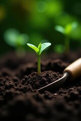 Fototapeta premium Close-up view of delicate seedlings and essential gardening tools nestled in dark soil , trowel, summer