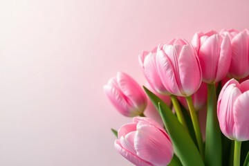 Fototapeta premium Cluster of pink tulips against a white and pink ombre background , pastel, design, nature