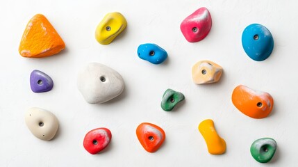 colorful rock climbing holds mounted on white wall in abstract pattern, white background, perfect for bouldering climbing gym promo
