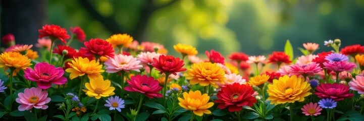 Colorful flowerbed, abundant foliage, natural light, natural beauty, blossom, colorful