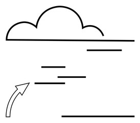 Stylized cloud with horizontal lines and upward arrow symbolizing data flow, transfer, and storage. Ideal for technology, innovation, online storage, connectivity, cloud computing, communication