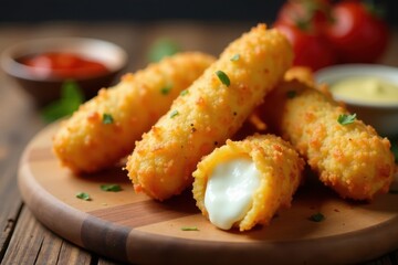 Crispy fried mozzarella sticks, melted cheese inside, wooden serving board, yummy, golden, brown