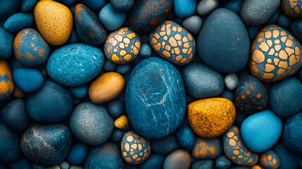 Vibrant blue and gold painted pebbles texture