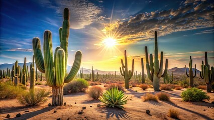 Desert landscape with tall cacti under bright sun , botanical garden, sun,  botanical garden, sun, outdoor, succulent