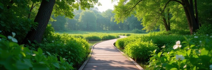 Fototapeta premium Curving boardwalk meanders through lush wetland scenery, wetlands, travel, plants