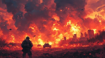 Soldier charging through chaos as fireballs descend amidst tanks and destruction in a war-torn environment