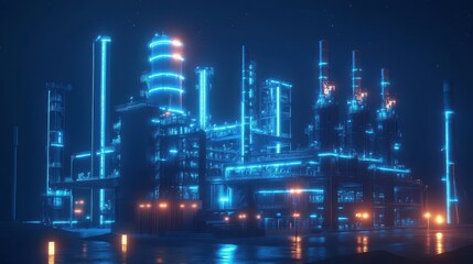 Fototapeta premium Advanced factory exterior at night, illuminated with blue neon lights, modern industrial architecture, cyberpunk atmosphere