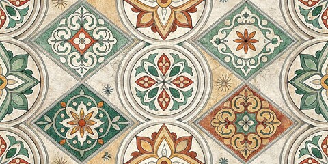 Floral Geometric Tiles on Vintage Concrete, Interior Design