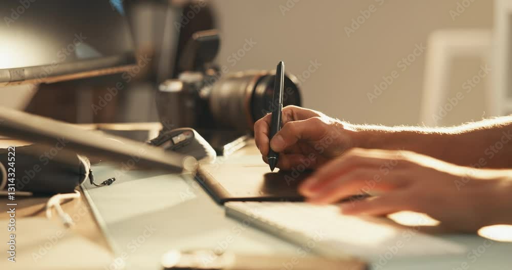 Poster hands, man and graphic tablet for retouch, drawing or editing photography on computer keyboard. crea