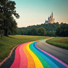 Fototapeta premium Whimsical rainbow road leading to majestic castle in vibrant natural landscape