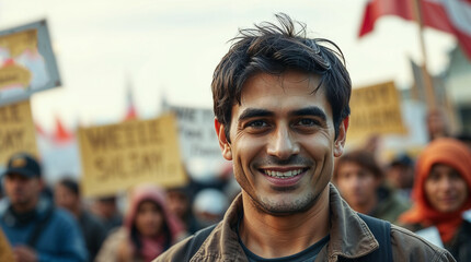 Fototapeta premium a factory worker smiles against a blurred background of people peacefully demonstrating