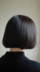 Brunette with stylish bob hairstyle in indoor setting during daylight