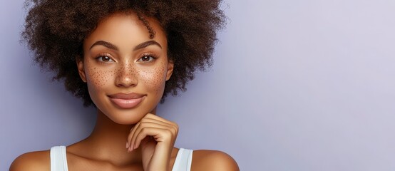 Fototapeta premium Portrait of a Smiling Young Woman with Freckles and Curly Hair Against a Purple Background