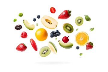 Fresh fruits and vegetables in air on white background