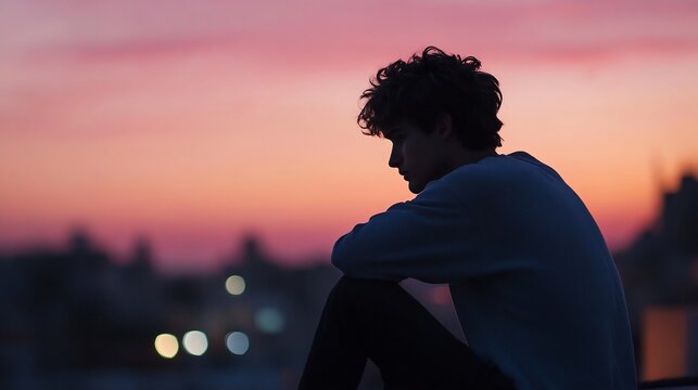 young man sitting on rooftop at sunset, deep in thought, pastel pink sky