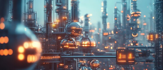 Obraz premium Gigantic industrial AI network managing multiple fully automated factories, engineers ensuring optimal robotic workforce efficiency