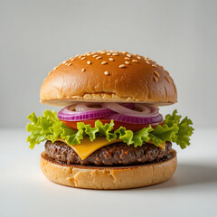 クローズアップ、金色のゴマのバンズ、レタスの葉 1 枚、玉ねぎ 2 枚、黄色のチーズ 1 枚、つぶした牛肉を白い背景に載せたビーフバーガー