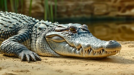 Fototapeta premium Close-up of a crocodile resting on sand