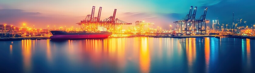 Fototapeta premium Gigantic automated shipyard with synchronized robotic cranes assembling cargo ships, ultraefficient industrial process
