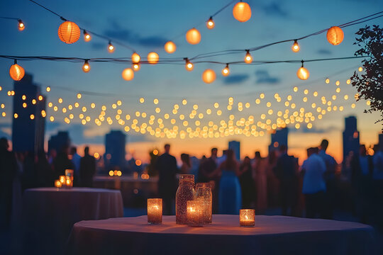 elegant rooftop party at dusk people dancing under string lights and lanterns city skyline backdrop warm ambient lighting motion blur effects