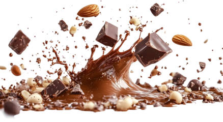 Falling splashes of milk chocolate and pieces of nuts, isolated on white background, created with Generative AI technology, PNG