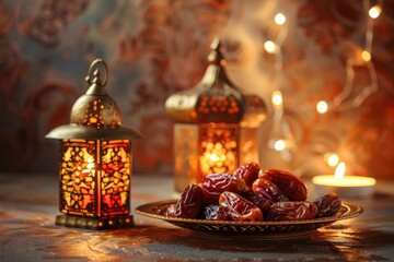 Naklejka premium Islamic culture Ramadan celebration scene with plate of dates, Arabic lamp, and warm candlelight ambiance