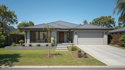 Modern, Single-Story House with Stylish Exterior and Lush Green Lawn in a Suburban Setting