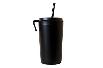 Minimalist Black Insulated Tumbler with Handle and Straw Isolated with No Background