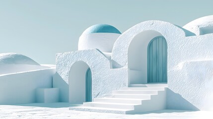 Cycladic Architectural Masterpiece Smooth White Cubic Buildings Blue Domes and Arched Doorways