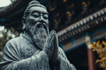 a statue of the chinese philosopher confucius stands in front,