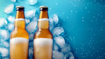 Two chilled beer bottles surrounded by ice on blue backdrop,refreshing concept, Beer, Summer