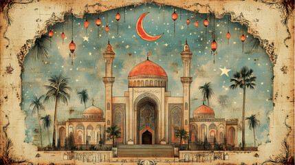 Vintage Mosque at Night, Arabian Nights