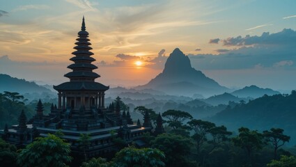 Misty Sunset Over Traditional Temple with Dramatic Mountain Landscape in Bali Indonesia